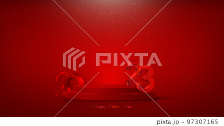 3D 2023 with podium banner, New Year party, red foil numerals, product display cylindrical shape, festive platform for the holidays. Vector luxury template isolated on red background 97307165