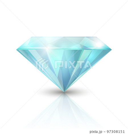 Vector 3d Realistic Blue Transparent Triangular Glowing Gemstone, Diamond, Crystal, Rhinestone Closeup on White Background with Reflection. Jewerly Concept. Design Template, Banner 97308151