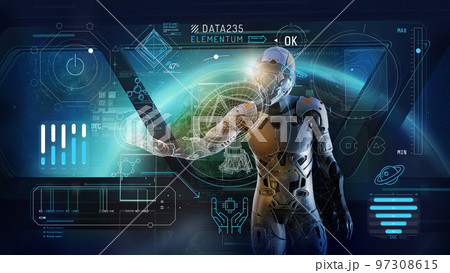 Space exploration and radio telescope control infographic. 97308615