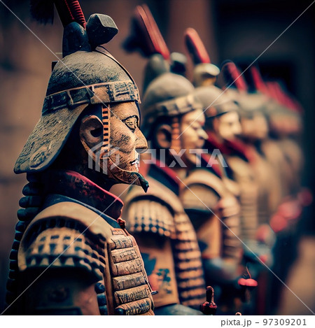 The China ancient army is preparing for battle. A formation of China ancient soldiers.. Generative AI Art. 97309201