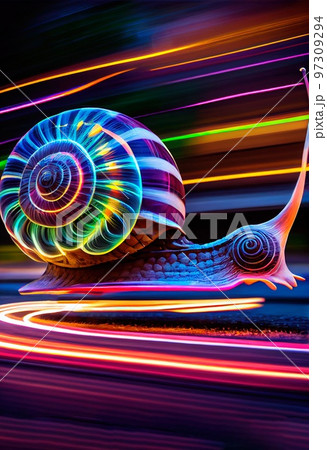 The racing garden snail is hurtling down the road at breakneck speed. Generative AI Art. The racing garden snail is hurtling down the road at breakneck speed. Generative AI Art. 97309294