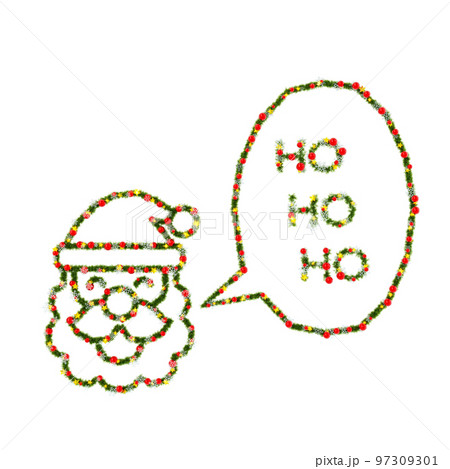 クリスマスリース風の図形素材：話すサンタ、きらきらした星と赤いオーブと雪の結晶の3Dレンダリング 97309301