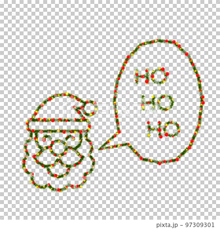 クリスマスリース風の図形素材：話すサンタ、きらきらした星と赤いオーブと雪の結晶の3Dレンダリング 97309301