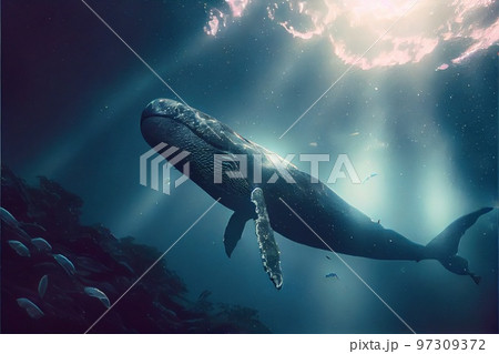 A beautiful Humpback whale is swimming in the ocean. A whale in its native element. Generative AI Art. 97309372
