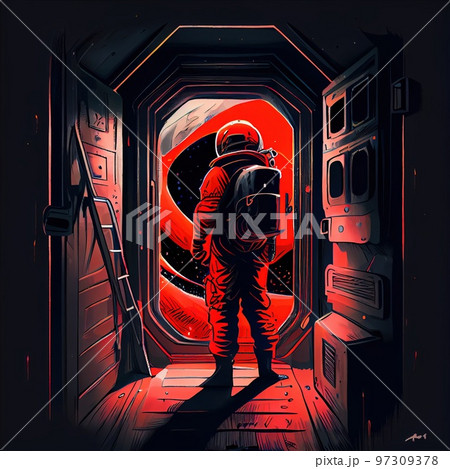 An astronaut emerges from his spaceship. A high-tech astronaut from the future. The concept of space travel. Generative AI Art 97309378