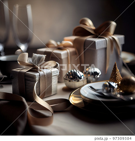Christmas gifts on festive background. Boxes of gifts on the table. Christmas atmosphere. Generative AI Art 97309384