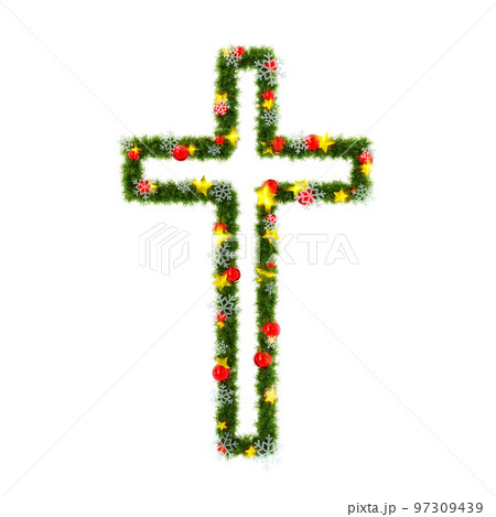 クリスマスリース風の図形素材：十字架、きらきらした星と赤いオーブと雪の結晶の3Dレンダリング 97309439