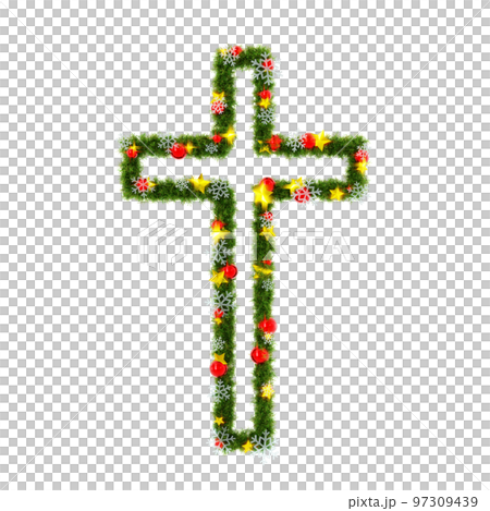 クリスマスリース風の図形素材：十字架、きらきらした星と赤いオーブと雪の結晶の3Dレンダリング 97309439