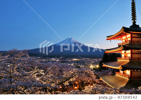 山梨県　新倉富士浅間神社の夜桜と忠霊塔　そして富士山 97309542