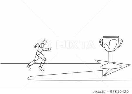 Single continuous line drawing of robot running to golden trophy. Tech business direction. Robotic artificial intelligence. Electronic technology industry. One line graphic design vector illustration 97310420