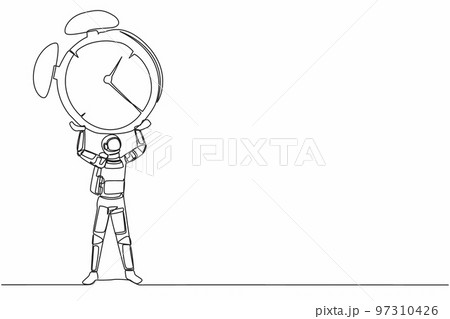Single one line drawing of young astronaut lifting up big alarm clock in moon surface. Heavy burden in space expedition. Cosmic galaxy space concept. Continuous line graphic design vector illustration 97310426