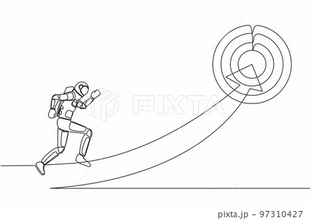 Single one line drawing astronaut running on arrow to center of target. Spaceship company with space expedition vision mission. Cosmic galaxy space. Continuous line graphic design vector illustration 97310427