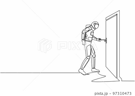 Single one line drawing astronaut insert key into keyhole which is on the door. Spaceman open office room door in moon surface. Cosmic galaxy space. Continuous line graphic design vector illustration 97310473