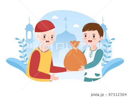 Muslim Kids Giving Alms, Zakat or Infaq Donation to a Person Who Need it in Flat Cartoon Poster Hand Drawn Templates Illustration 97312304