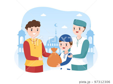 Muslim Kids Giving Alms, Zakat or Infaq Donation to a Person Who Need it in Flat Cartoon Poster Hand Drawn Templates Illustration 97312306