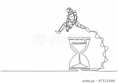 Single one line drawing young astronaut jumping over hourglass. Business spaceship company scheduling and time management. Cosmic galaxy space. Continuous line draw graphic design vector illustration Single one line drawing young astronaut jumping over hourglass. Business spaceship company scheduling and time management. Cosmic galaxy space. Continuous line draw graphic design vector illustration 97312886