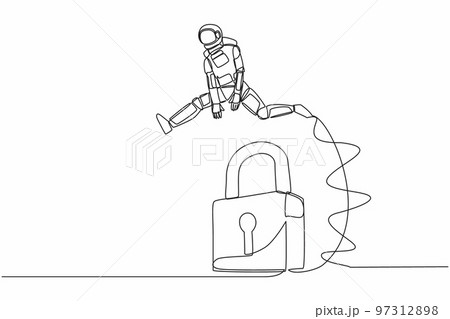 Single one line drawing astronaut jumping padlock. Space company protection security. Success expedition key accessibility. Cosmic galaxy space. Continuous line draw graphic design vector illustration Single one line drawing astronaut jumping padlock. Space company protection security. Success expedition key accessibility. Cosmic galaxy space. Continuous line draw graphic design vector illustration 97312898