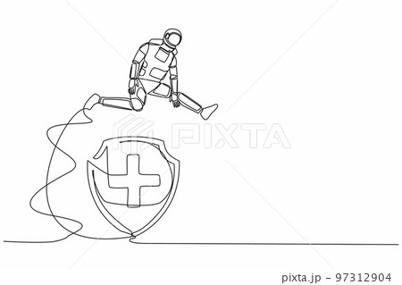 Continuous one line drawing young astronaut jump over big shield. Protection and insurance for spaceship failure. Future development. Cosmonaut outer space. Single line draw design vector illustration 97312904