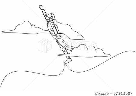 Continuous one line drawing super young astronaut in cloak flying up to cloud sky. Spaceship startup business idea or launching. Cosmonaut outer space. Single line graphic design vector illustration Continuous one line drawing super young astronaut in cloak flying up to cloud sky. Spaceship startup business idea or launching. Cosmonaut outer space. Single line graphic design vector illustration 97313687