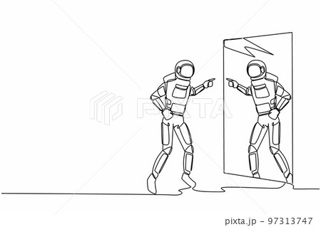 Continuous one line drawing angry astronaut fight with mirror reflection. Spaceman with mental health problems after interstellar journey. Cosmonaut outer space. Single line design vector illustration 97313747
