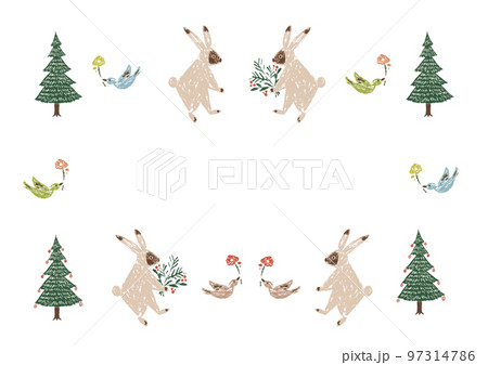 うさぎと鳥ともみの木のカラフルなイラスト 97314786