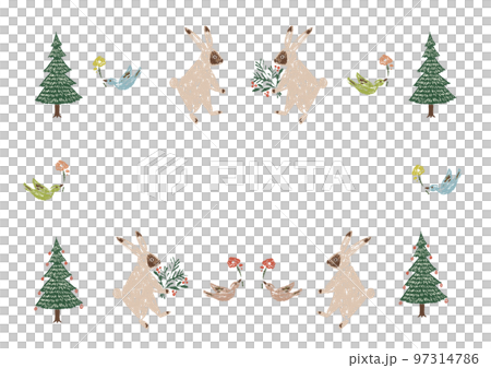 うさぎと鳥ともみの木のカラフルなイラスト 97314786