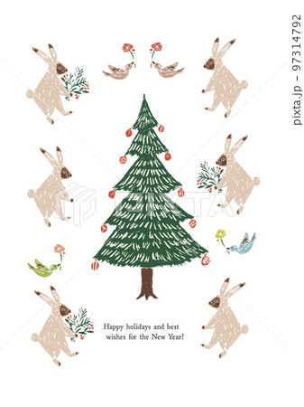 うさぎと鳥ともみの木のカラフルな縦の背景透過イラスト うさぎと鳥ともみの木のカラフルな縦の背景透過イラスト 97314792