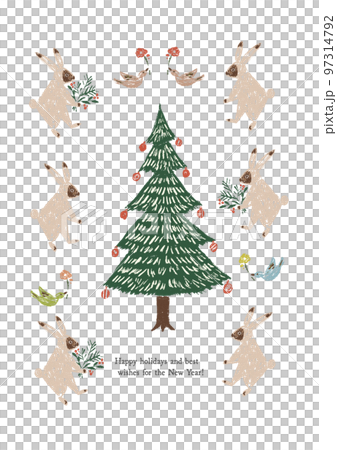 うさぎと鳥ともみの木のカラフルな縦の背景透過イラスト うさぎと鳥ともみの木のカラフルな縦の背景透過イラスト 97314792