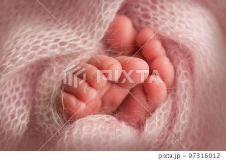 legs and toes of a newborn in a soft pink blanket 97316012