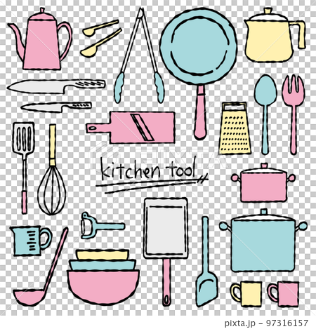Hand-drawn kitchen tool set line drawing and pop color 97316157