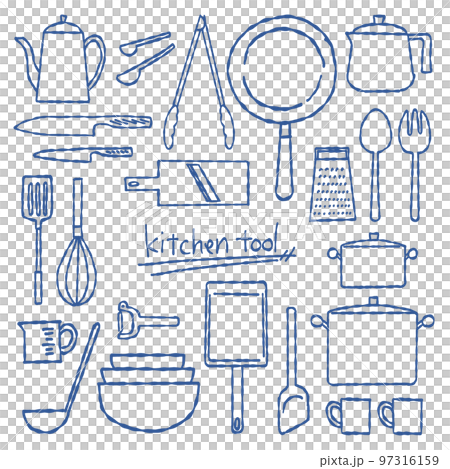 Hand-drawn kitchen tool set line drawing only, no background 97316159