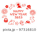 HAPPY NEW YEAR 2023のテキストと赤い筆書き調のウサギとお正月のアイコンフレーム 97316810