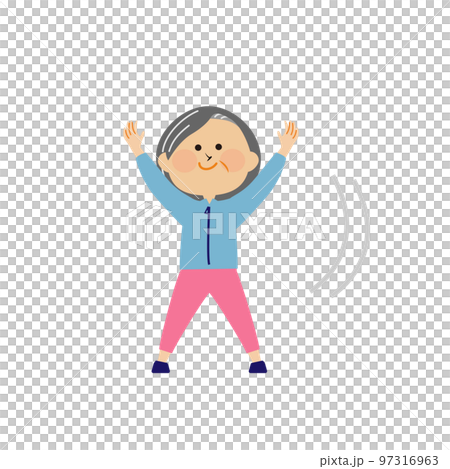 ストレッチ　体操するシニア女性のイラスト素材 97316963