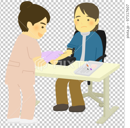 Healthcare workers and patients drawing blood 97317607