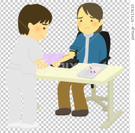 Healthcare workers and patients drawing blood 97317610