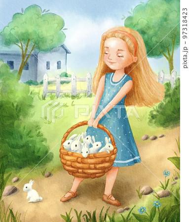 Watercolor card with cute girl with basket of rabbits on the background of nature and rustic house. Bunny animal on nature illustration. 97318423