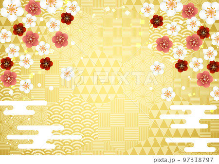 六角吉祥文様地にアーチ梅の明るい金色和背景ヨコ 六角吉祥文様地にアーチ梅の明るい金色和背景ヨコ 97318797