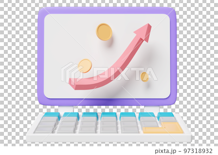 3d stock market uptrend chart with investing in different currencies, on laptop computer screen isolated. business data analysis concept, 3d render illustration 97318932