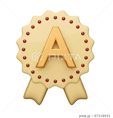3d winner medal or golden quality guarantee ribbon with character A isolated. premium quality ribbon, minimal concept, 3d render illustration 3d winner medal or golden quality guarantee ribbon with character A isolated. premium quality ribbon, minimal concept, 3d render illustration 97318933