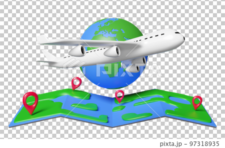 Travel world map with passenger plane, pin isolated. air cargo trucking, travel around the world concept, 3d illustration or 3d render 97318935