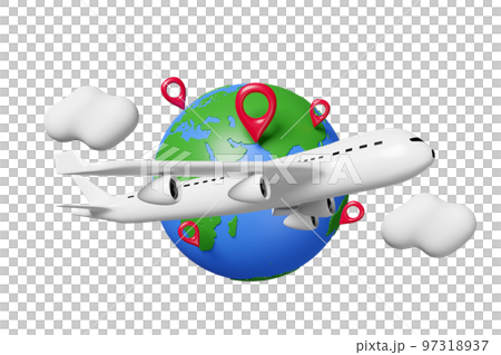 Travel world map with passenger plane, pin, cloud isolated. air cargo trucking, travel around the world concept, 3d illustration or 3d render 97318937
