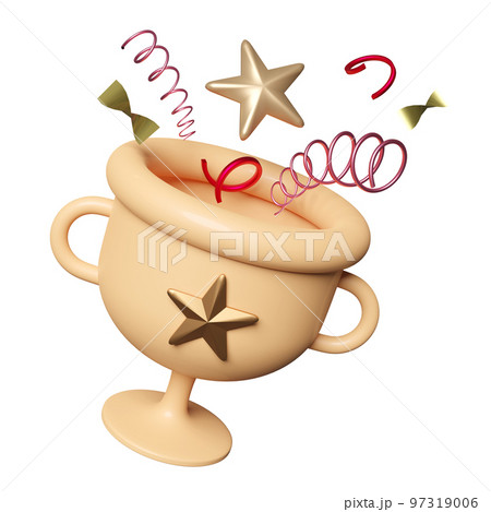 Golden champion cup or trophies with floating star, geometric shapes isolated. reward cup concept, 3d illustration or 3d render 97319006