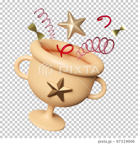 Golden champion cup or trophies with floating star, geometric shapes isolated. reward cup concept, 3d illustration or 3d render 97319006