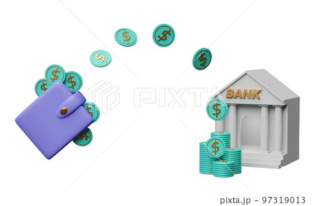 bank or tax office building with purple wallet,dollar coins stacks isolated. saving money concept,3d illustration,3d render bank or tax office building with purple wallet,dollar coins stacks isolated. saving money concept,3d illustration,3d render 97319013