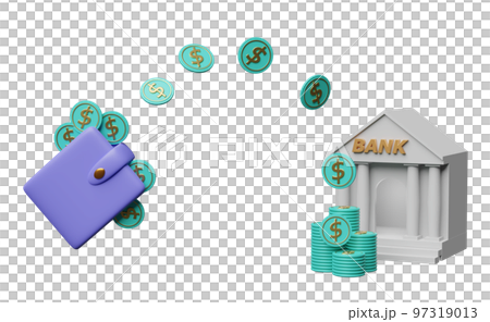 bank or tax office building with purple wallet,dollar coins stacks isolated. saving money concept,3d illustration,3d render 97319013
