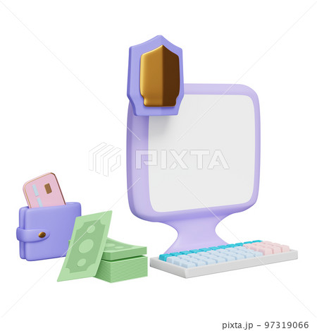 3d computer with golden shield, banknote stacks, wallet, credit card isolated. Internet security or privacy protection or ransomware protect concept, 3d render illustration 97319066