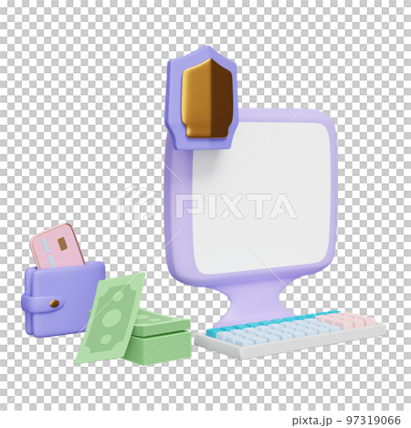 3d computer with golden shield, banknote stacks, wallet, credit card isolated. Internet security or privacy protection or ransomware protect concept, 3d render illustration 3d computer with golden shield, banknote stacks, wallet, credit card isolated. Internet security or privacy protection or ransomware protect concept, 3d render illustration 97319066