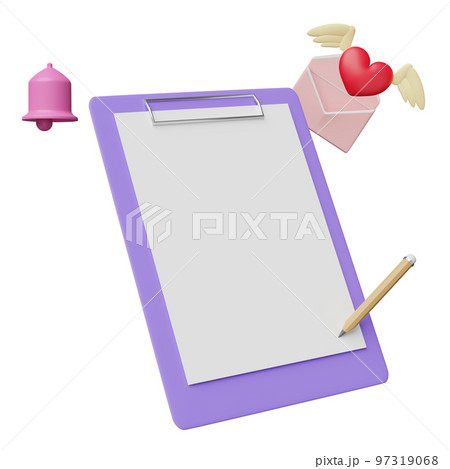 empty checklist with flying envelope, bell, pencil isolated. notify newsletter, online incoming email, health love,world heart, valentine's day concept, 3d illustration, 3d render empty checklist with flying envelope, bell, pencil isolated. notify newsletter, online incoming email, health love,world heart, valentine's day concept, 3d illustration, 3d render 97319068