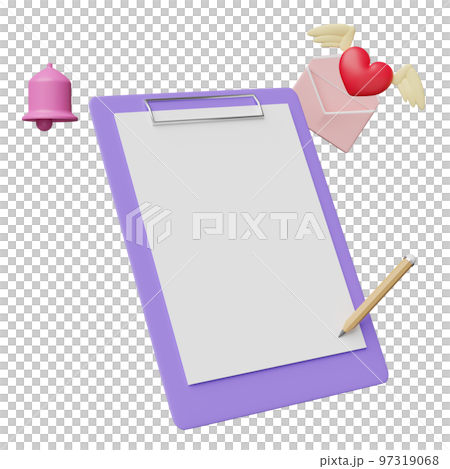 empty checklist with flying envelope, bell, pencil isolated. notify newsletter, online incoming email, health love,world heart, valentine's day concept, 3d illustration, 3d render empty checklist with flying envelope, bell, pencil isolated. notify newsletter, online incoming email, health love,world heart, valentine's day concept, 3d illustration, 3d render 97319068