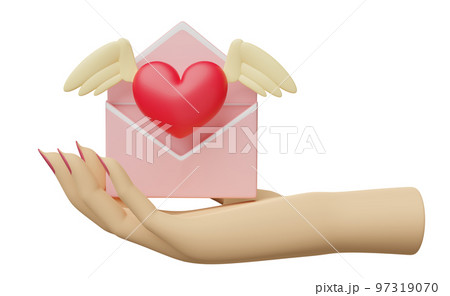 hand holding red heart with wings, flying envelope isolated. notify newsletter, online incoming email, health love or world heart day, valentine's day concept, 3d illustration, 3d render 97319070